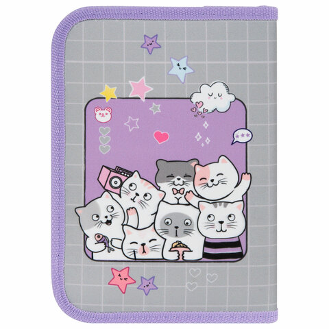 Пенал ПИФАГОР, 1 отделение, 2 откидные планки, полиэстер, 20х14 см, "Cats selfie", 273477