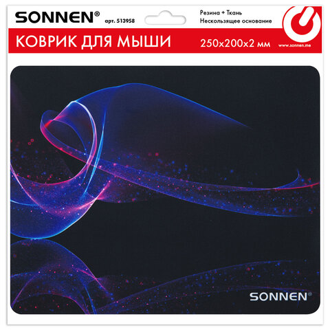 Коврик для мыши SONNEN "NEON WAVE" резина + ткань, 250х200х2 мм, 513958