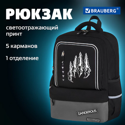 Рюкзак BRAUBERG STAR, 1 отделение, 5 карманов, "Claws", черный, 40x29x13 см, 272061