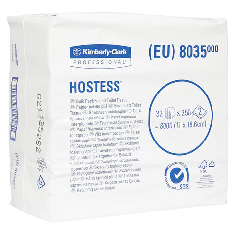 Бумага туалетная листовая KIMBERLY-CLARK Hostess КОМПЛЕКТ 32 шт., 250 листов, 18,6х11 см, 2-слойная, 8035