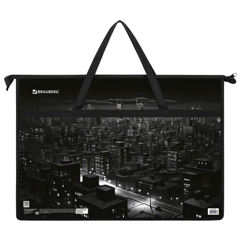 Папка для рисунков и чертежей с ручками BRAUBERG А3, пластик, молния сверху, "Night city", 273410