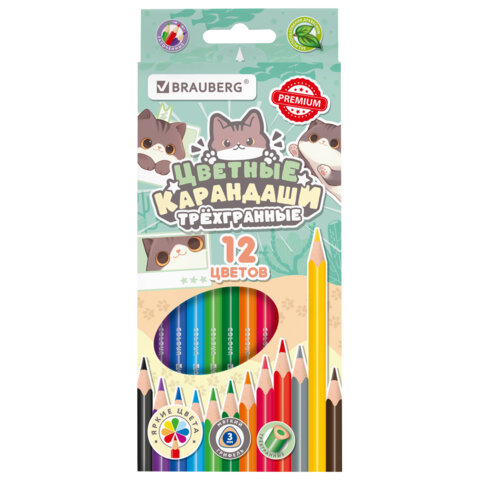 Карандаши цветные кросс-серия "МИЛЫЕ КОТЫ", 12 цветов, трехгранные, BRAUBERG, 182109