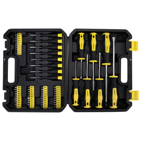Набор отверток и бит, 65 предметов, двухкомпонентные рукоятки, пластиковый кейс, ГРАНДМАСТЕР, 671334