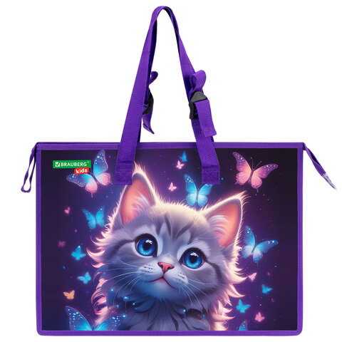 Папка для рисунков и чертежей с регулируемыми ручками BRAUBERG KIDS А3, 1 отделение, карман внутри, "Curious cat", 273414