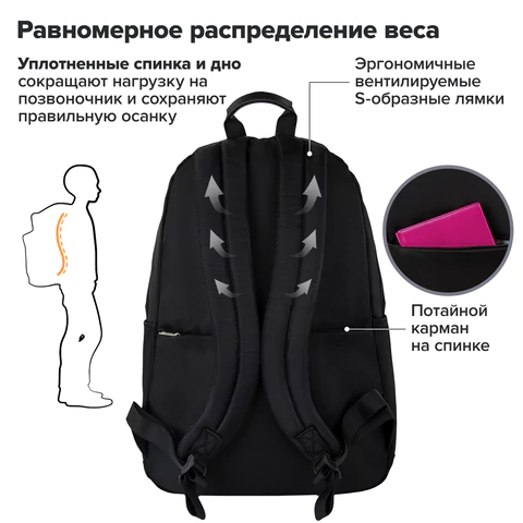 Рюкзак BRAUBERG FASHION CITY универсальный, карман-антивор, "Hug me", черный, 44х31х16 см, 272570