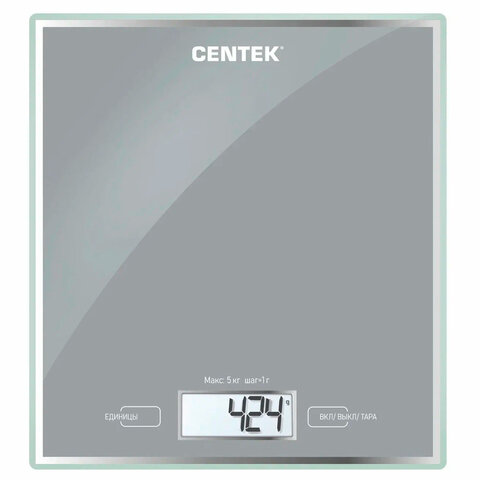 Весы кухонные CENTEK CT-2462 SILVER, электронный дисплей, max вес 5 кг, тарокомпенсация, стекло, CT-2462 Silver