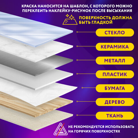 Краски витражные ЮНЛАНДИЯ "НЕОНЧИКИ", 5 цветов светящихся в темноте + 1 черный, 20 мл, шаблоны, 191760