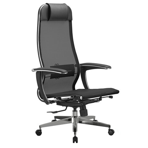 Кресло офисное МЕТТА "К-4-Т" хром, прочная сетка, сиденье и спинка регулируемые, черное