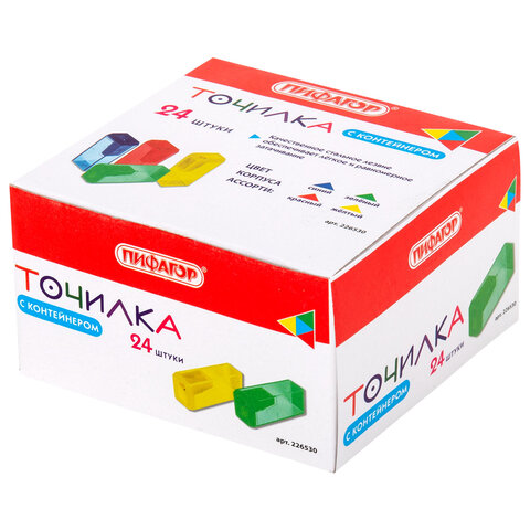 Точилка ПИФАГОР, с контейнером, прямоугольная, пластиковая, тонированный корпус, ассорти, 226530