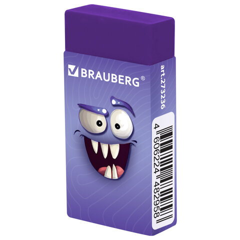 Ластик кросс-серия МОНСТРИКИ, 50х24х10 мм, прямоугольный, картонный держатель, ассорти, ЭКО ПВХ, BRAUBERG, 273236