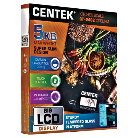 Весы кухонные CENTEK CT-2462 "Специи", электронный дисплей, max вес 5 кг, тарокомпенсация, стекло, CT-2462 Специи