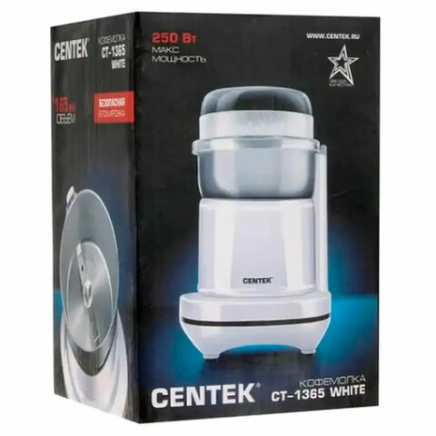 Кофемолка CENTEK CT-1365, мощность 250 Вт, вместимость 70 г, пластик, белая, CT-1365 White