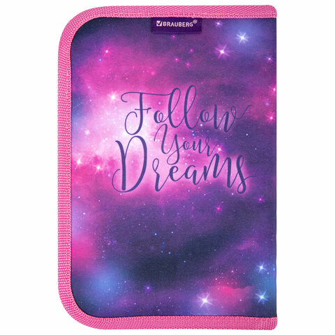 Пенал BRAUBERG, 1 отделение, 1 откидная планка, полиэстер, 21х14 см, "Space cat", 270712