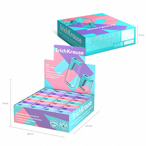 Точилка ERICH KRAUSE "City Mini", с контейнером, пластиковая, корпус ассорти, 61277