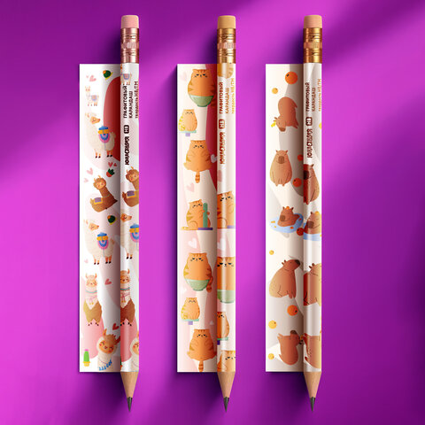 Карандаш чернографитный с принтом ЮНЛАНДИЯ "FAT ANIMALS", 1 шт., HB, с ластиком, корпус ассорти, 182012