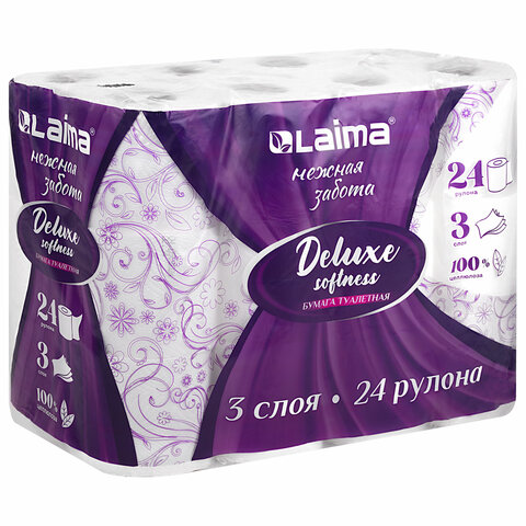 Бумага туалетная 3-х слойная, 24 рулона (24х16,5 м), LAIMA Deluxe, 100% целлюлоза, 115397