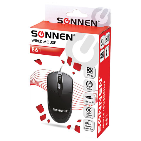 Мышь проводная SONNEN B61, USB, 1000 dpi, 2 кнопки + колесо-кнопка, оптическая, черная, 513513