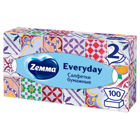 Салфетки косметические 100 штук в картонном боксе, 2-слойные, ZEMMA/ZEWA Everyday, 62861