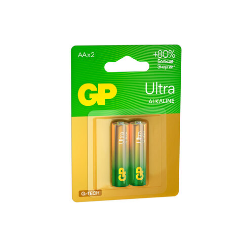 Батарейки КОМПЛЕКТ 2 шт., GP Ultra G-Tech, AA (LR6,15А), алкалиновые, пальчиковые, 15AUA21-2CRSBC2