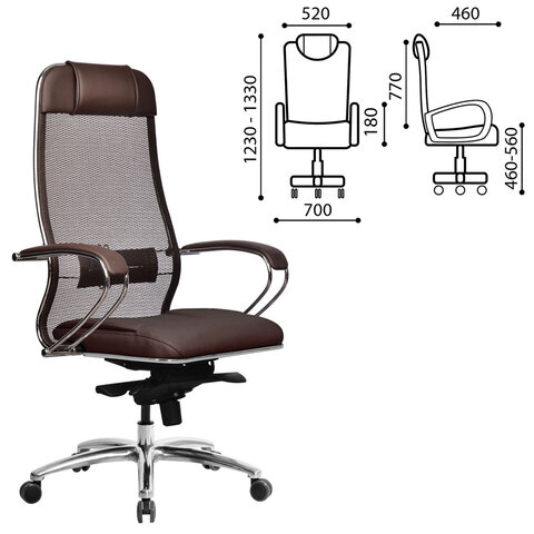 Кресло офисное МЕТТА "SAMURAI" SL-1, сверхпрочная ткань-сетка/экокожа, темно-коричневое