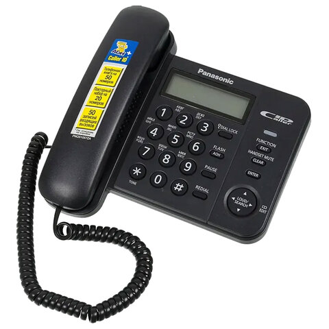 Телефон PANASONIC KX-TS2356RUB, черный, память 50 номеров, АОН, ЖК-дисплей с часами, тональный / импульсный режим