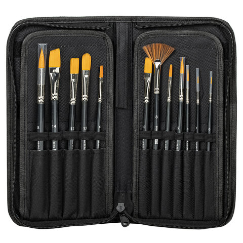Кисти художественные набор 12 шт. в черном пенале, синтетика, BRAUBERG ART CLASSIC, № 0-14 + веерная, 200966