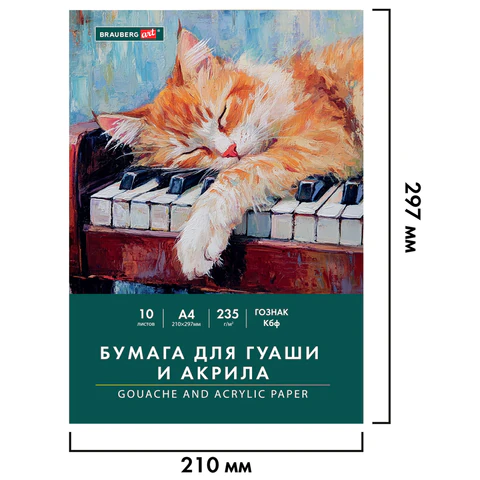 Бумага для гуаши и акрила А4 10 л., 235 г/м2, 210х297 мм, в папке, BRAUBERG ART CLASSIC, "Кот-музыкант", 117731