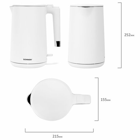 Чайник электрический с двойными стенками SONNEN KT-8719W, 1,5 л, 2200 Вт, белый, 454691