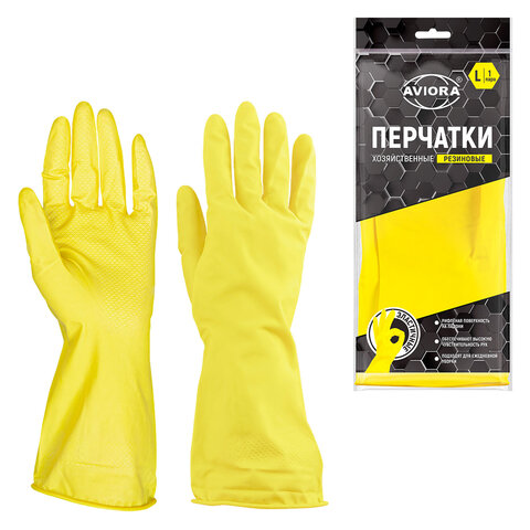 Перчатки МНОГОРАЗОВЫЕ латексные AVIORA, хлопчатобумажное напыление, размер 8-9, L (большой), желтые, вес 36 г, 402-568