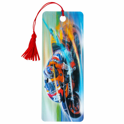 Закладка для книг с линейкой 3D-ОБЪЕМНАЯ BRAUBERG, "Мотогонки", с декоративным шнурком, 125769