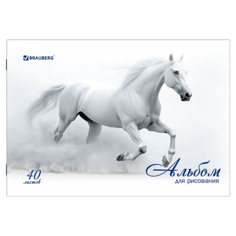 Альбом для рисования, А4, 40 листов, скоба, обложка картон, BRAUBERG, 200х283 мм, "Благородные кони" (2 вида), 103728