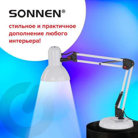 Настольная лампа / светильник SONNEN TL-007, подставка + струбцина, 40 Вт, Е27, БЕЛЫЙ, высота 60 см, 235539