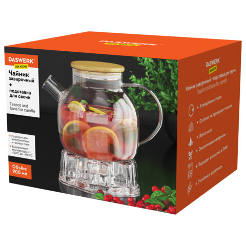 Чайник заварочный 900 мл "Бочонок", жаропрочное стекло, подставка для свечи, сито, DASWERK (ДАСВЕРК), 608646