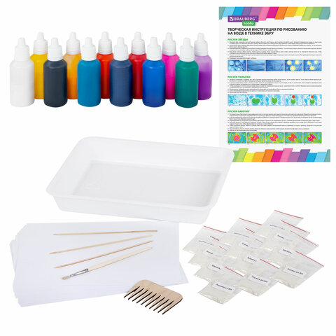 ЭБРУ набор для рисования на воде 12 цветов по 20 мл (120 картин), лоток А4, BRAUBERG HOBBY, 665356