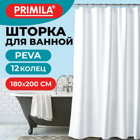 Шторка для ванной PEVA, 180х200 см, кольца в комплекте, 3 цвета ассорти (белый, голубой, коричневый), PRIMILA (ПРИМИЛА), 700073