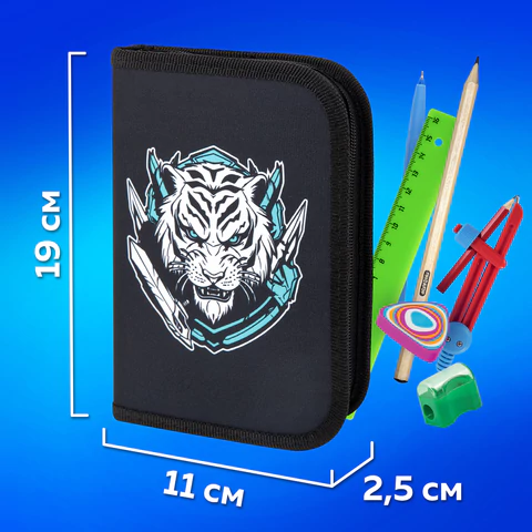 Пенал ПИФАГОР, 1 отделение, полиэстер, 19х13 см, "White tiger", 272285