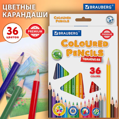 Карандаши цветные BRAUBERG PREMIUM, 36 цветов, трехгранные, грифель 3 мм, 181664