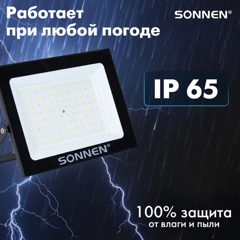 Прожектор светодиодный 100 Вт, 6500 К, 8000 Лм, 100 м2, IP65, 250x178x27 мм, черный, SONNEN, 238415