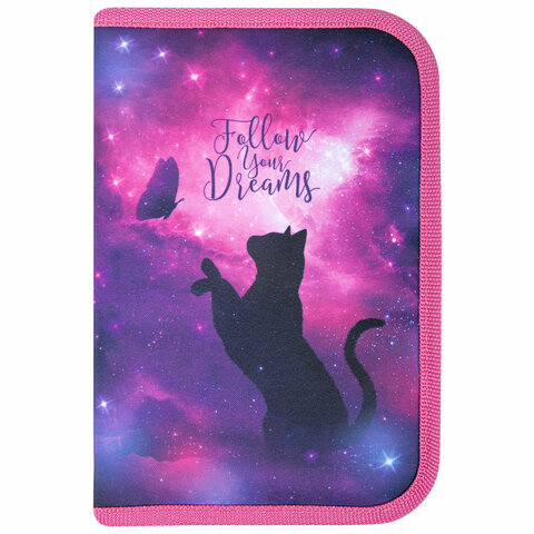 Пенал BRAUBERG, 1 отделение, 1 откидная планка, полиэстер, 21х14 см, "Space cat", 270712