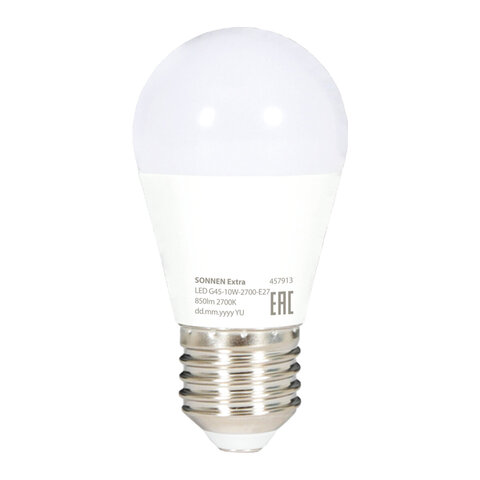 Лампа светодиодная SONNEN EXTRA, 10 (85) Вт, E27, шар, теплый белый, 30000 ч, LED G45-10W-2700-Е27, 457913
