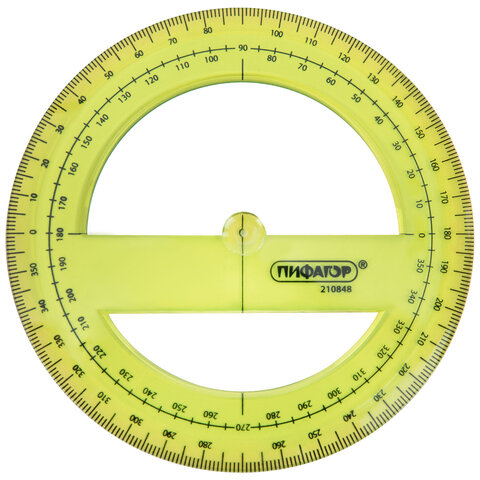 Транспортир пластиковый 10 см, 360 градусов, ПИФАГОР, прозрачный, неоновый, ассорти, 210848