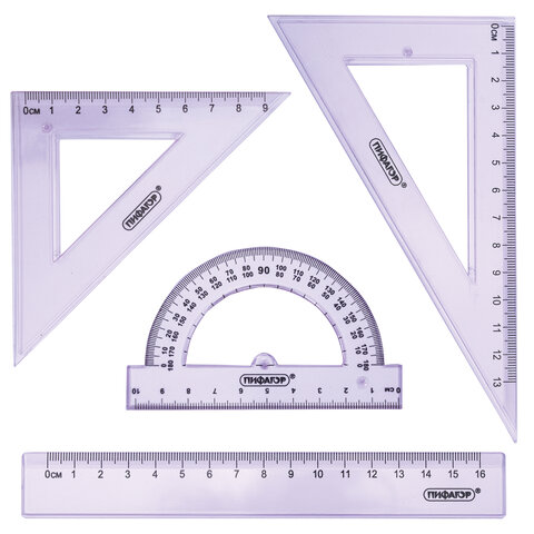 Набор чертежный ПИФАГОР (линейка 16 см, 2 треугольника, транспортир), прозрачный, пастельные цвета, ассорти, 210855