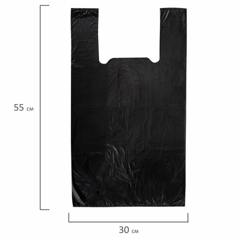 Пакет "майка" КОМПЛЕКТ 100 штук, 30+18х55, ПНД черный, 15 мкм, LAIMA, 700789