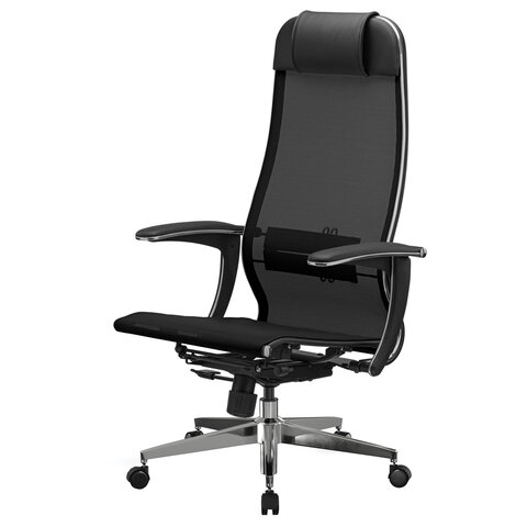 Кресло офисное МЕТТА "К-4-Т" хром, прочная сетка, сиденье и спинка регулируемые, черное