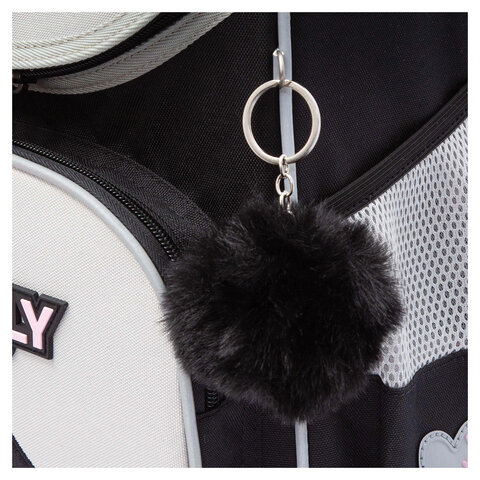 Ранец GRIZZLY анатомическая спинка, с мешком для обуви, для девочек, "BLACKY", серый, 33х25х13 см, RAm-584-1/2