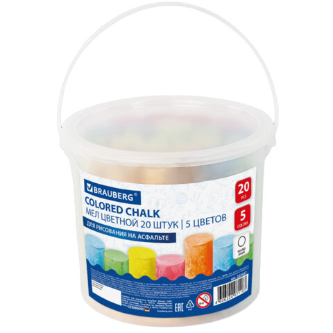 Мел в ведерке для рисования на асфальте 20 штук, 5 цветов, цветной круглый, BRAUBERG, 223557