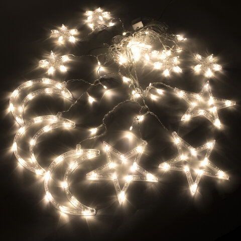 Электрогирлянда-занавес комнатная 3х1 м, 120 LED, с насадками, вид: "Звезды, луна", тёплый белый, 220V, ЗОЛОТАЯ СКАЗКА, 591360