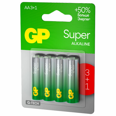 Батарейки КОМПЛЕКТ 4 шт., GP Super G-Tech, AA (LR6,15А), алкалиновые, пальчиковые, ПРОМО 3+1, 15A3/1-2CR4