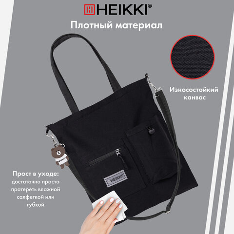 Сумка шоппер HEIKKI EQUIP (ХЕЙКИ), канвас, карман для бутылки, 38х35 см, черный, 272442