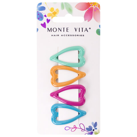 Заколки для волос НАБОР 4 шт., 3,5 см, клик-клак, сердечки, глянцевый, разные цвета, MONTE VITA (МОНТЕ ВИТА), 457082